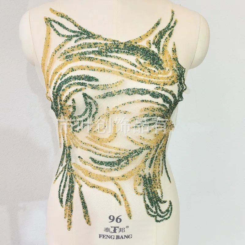 Green Gold Gradient Heavy Industry Bead Decal Abstract Wave Color Collision Design Formal Dress Performance Clothing Accessories