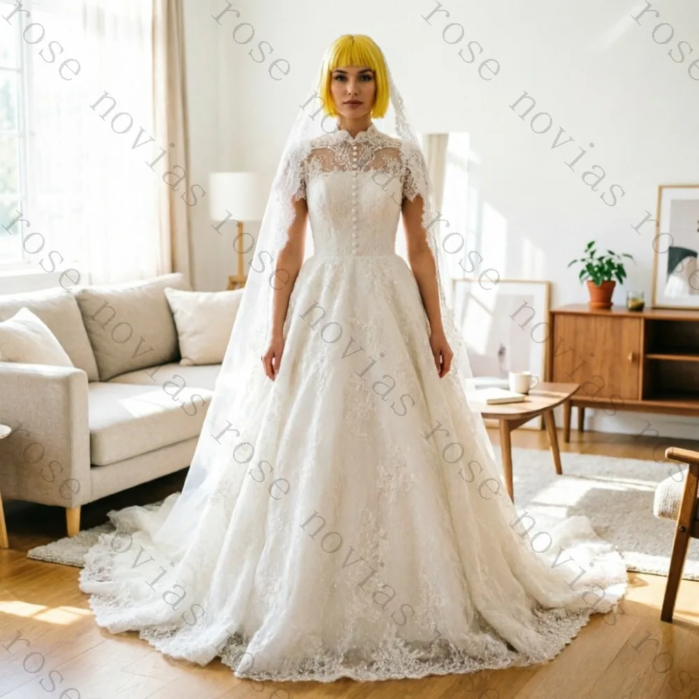 Customize Exquisite A-Line Off Shoulder Lace Mermaid Wedding Dress 2026 Short Sleeve High Neck Bridal Gown Boho Beach Style