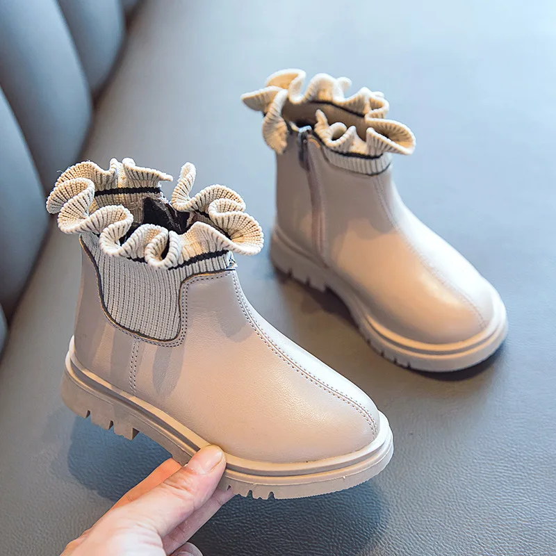 

Girls Autumn Winter Add Velvet Princess Korean Version Cotton Boots Girls Thickened Short Leather Boots Children Lace Soft Soled