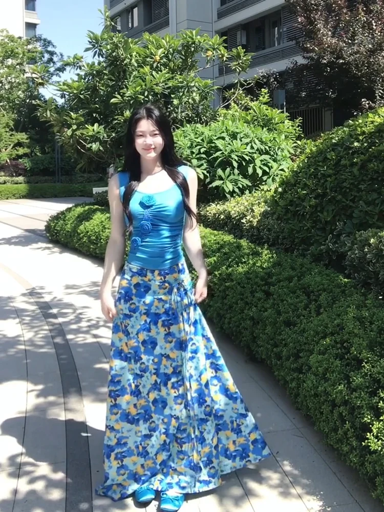 Conjunto de Vestido de Verano para Mujer, Talla Grande, Diseño de Rosas, Cuello Halter, Falda de Línea A de Cintura Alta, Traje de Dos Piezas, Marca Keni