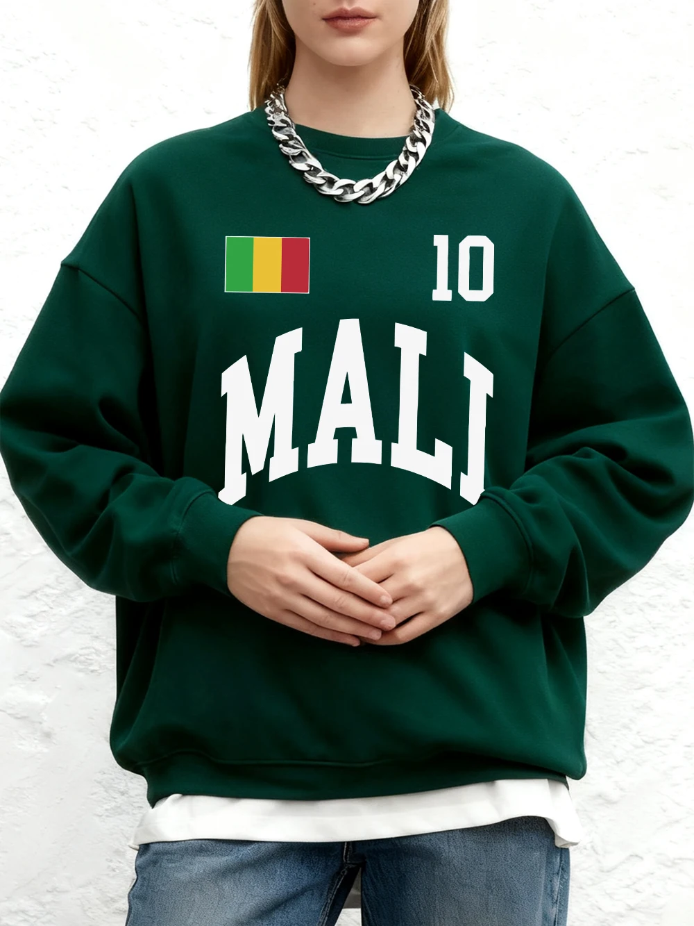 เสื้อสเวตเชิ้ตพิมพ์ลายธงชาติมาลีสำหรับผู้หญิง เสื้อฮู้ดคอกลมทรงหลวมสำหรับฤดูหนาว เสื้อพูลโอเวอร์ผ้าฟลีซอุ่นๆ เสื้อผ้าผู้หญิง
