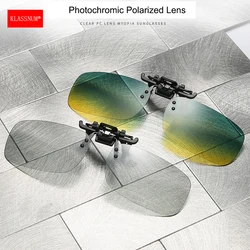 KLASSNUM Photochromic Polarized Clip on Sunglasses Men Chameleon Clip Glasses for Myopia Day Night Driving Eyeglasses Narrow