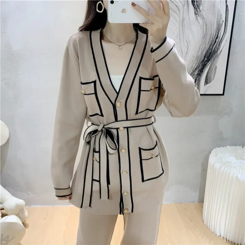 

Korean Casual Knitted 2-piece Set Autumn/Winter Women's Sets Pockets Long sleeve Long Cardigan+Elastic Waist Wide Leg Pants Suit