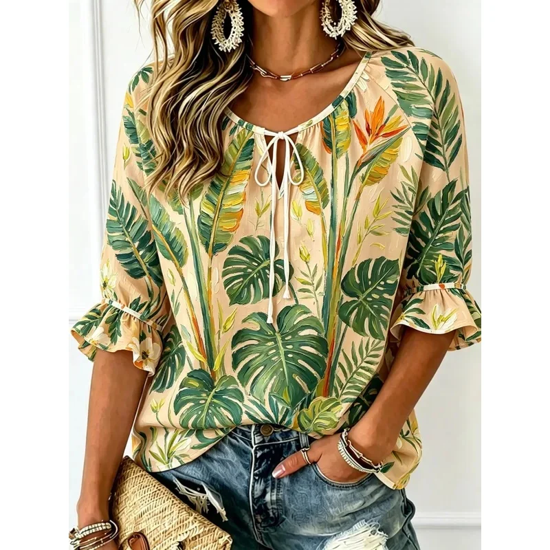 Women's Tie Keyhole Neck Blouse, Apricot Base Oil Painting Bird of Paradise Tropical Leaf Print, for Spring Summer Daily Outfits