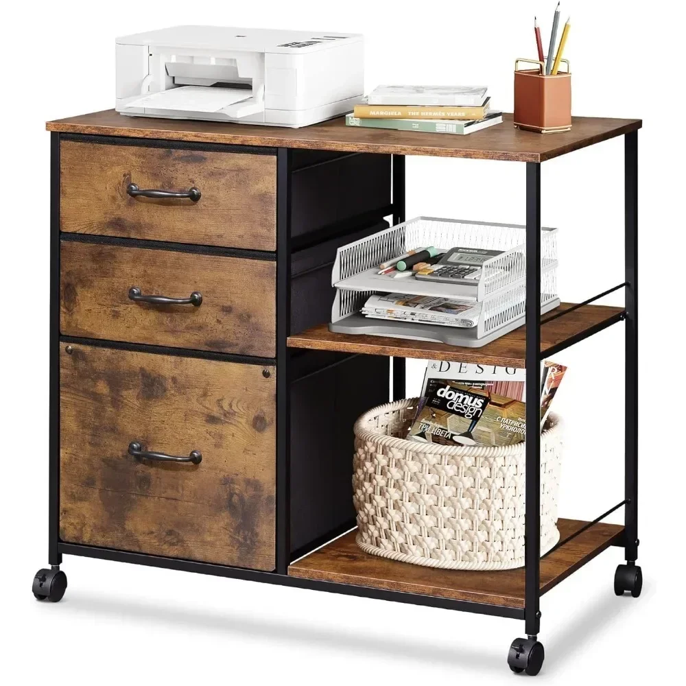 

3-drawer Mobile Filing Cabinet, Rolling Printer Rack Filing Cabinet with Open Storage Rack, Rustic Brown Wood Grain