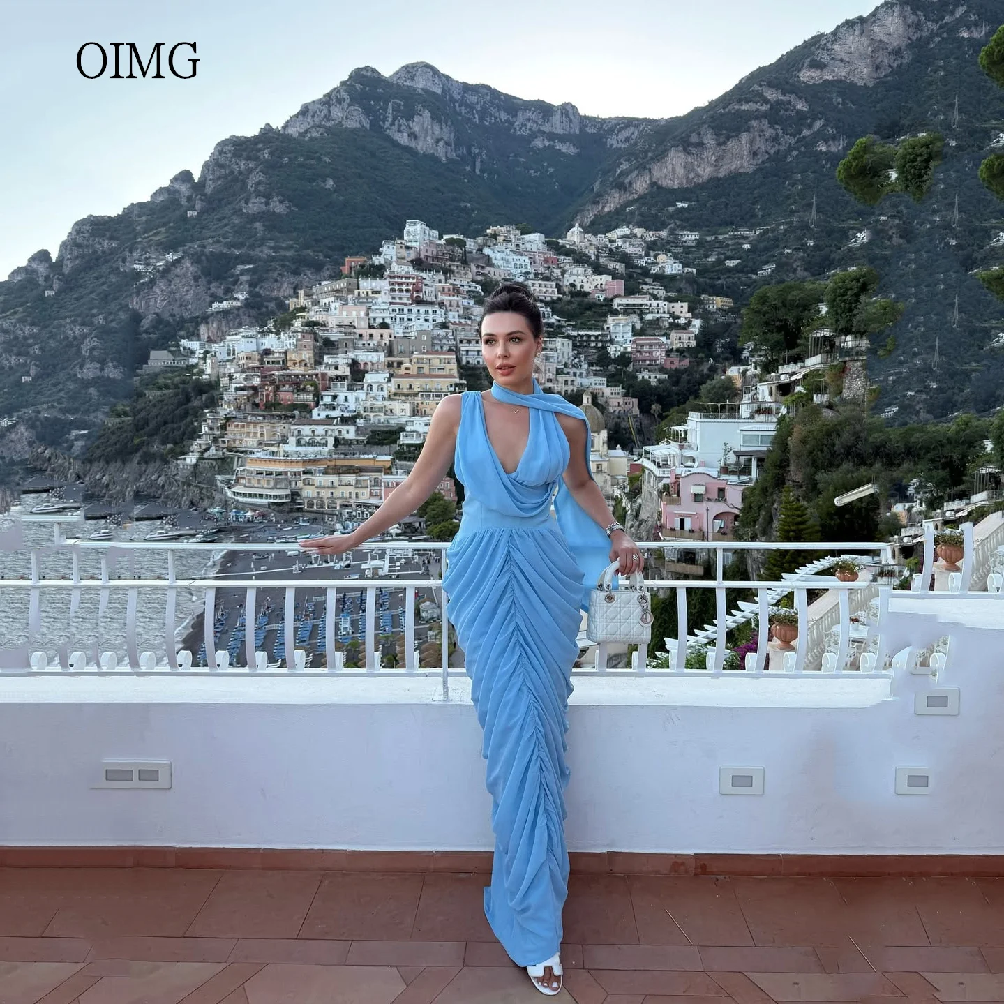 

OIMG Flowy Blue Tiered Mermaid Prom Gowns Sleeveless V Neck Pleated Party Gown Chiffon Floor Length Evening Dress Customized