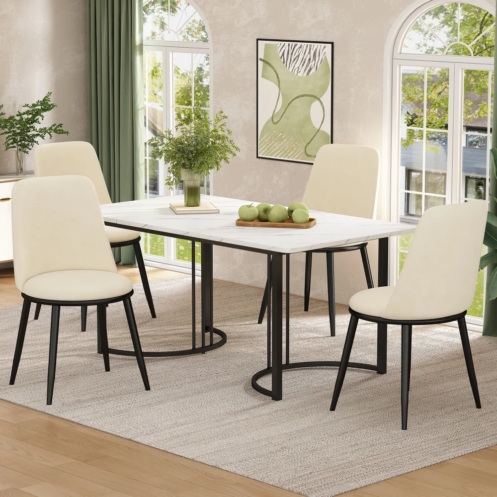 Dining Group set (140 × 80 × 75cm) with 4 chairs, Modern kitchen table, beige velvet seats, metal legs in black