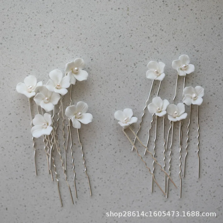 Horquilla de flor de cerámica en forma de U, Clip de pelo de perla, tocado de novia para graduación, accesorios para el cabello de boda, joyería para el cabello de matrimonio para mujer