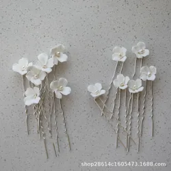 Ceramic Flower Hairpin U-shape Pearl Hair Clip Bride Prom Headdress Fashion Wedding Hair Accessories Lady Marriage Hair Jewelry