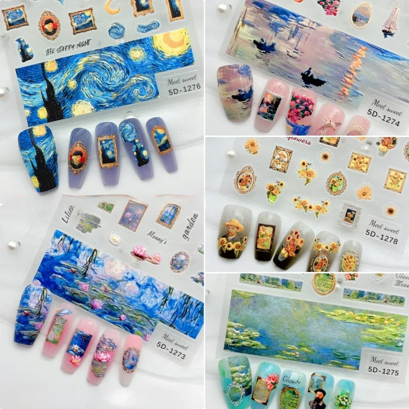 1bag/lot,5D Relief Nail Sticker,nail Design Monet Garden Van Gogh Sunflower Water Lily Iris DIY Nail Decals Nail Art Decorations