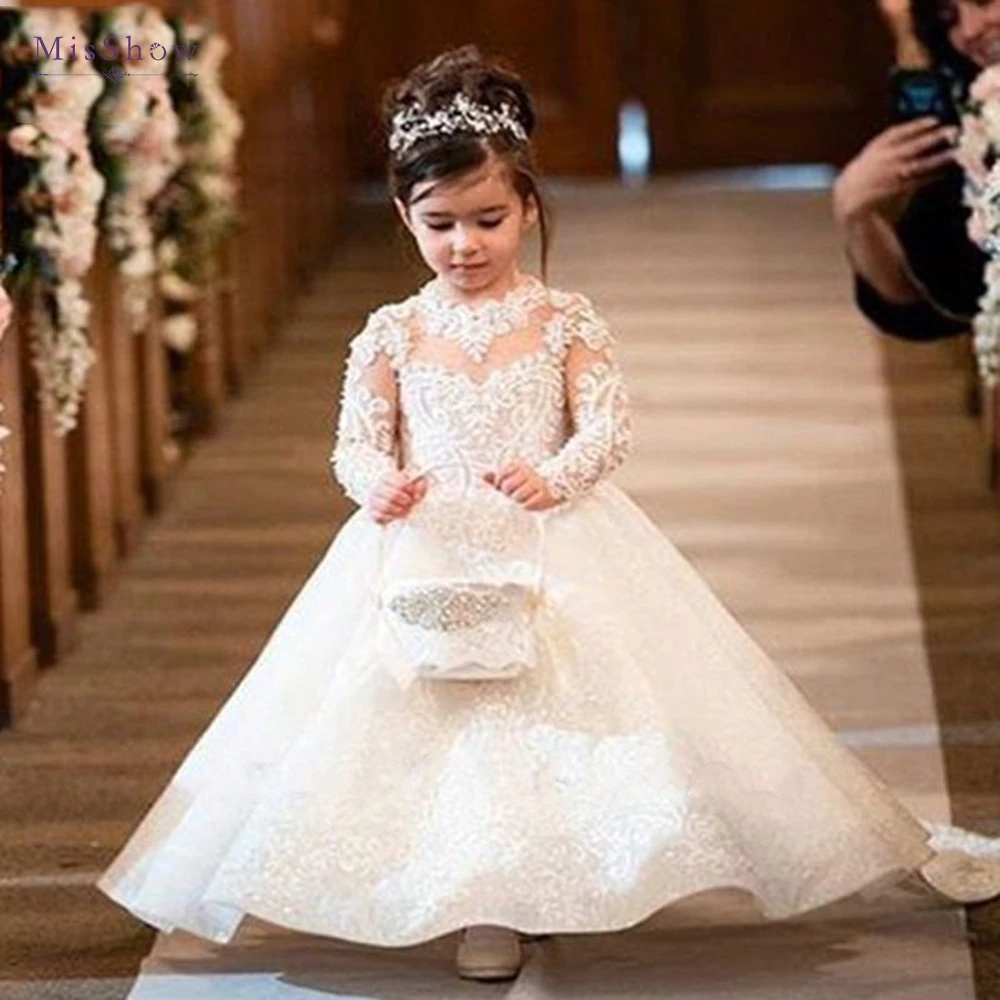 BABYONLINE Flower Girls Dresses Vintage Gown with Bow Kids Girl Lace Appliques Princess Wedding Party First Communion Ball Gown