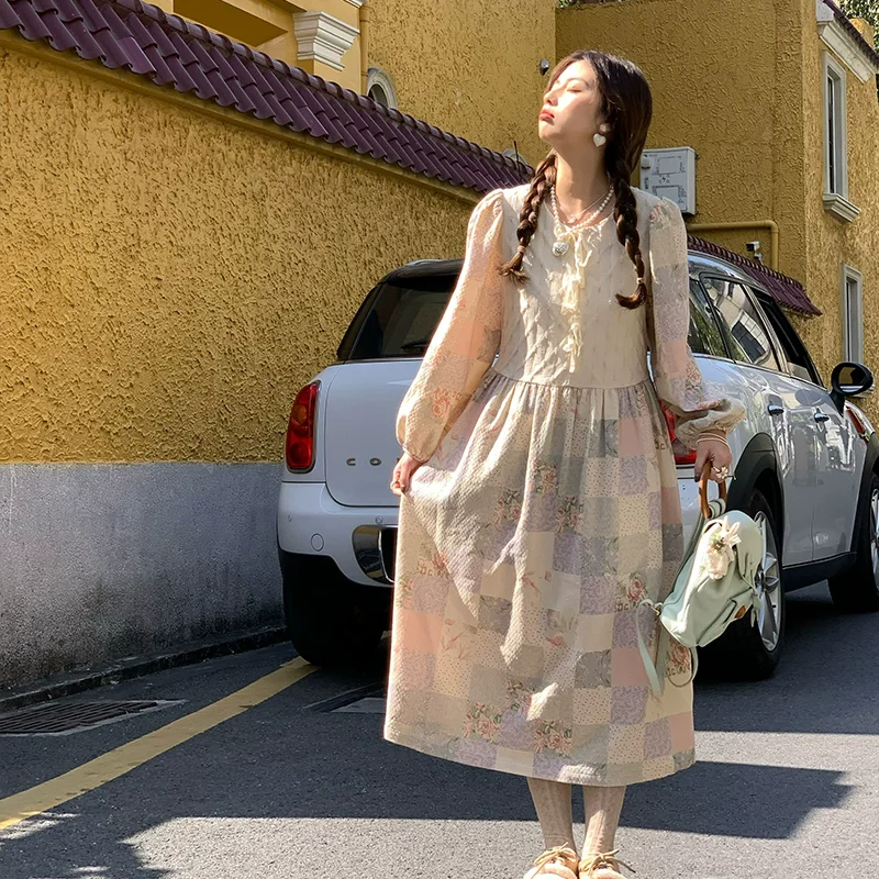 

Spring Autumn Women Floral Print Patchwork Long Dresses