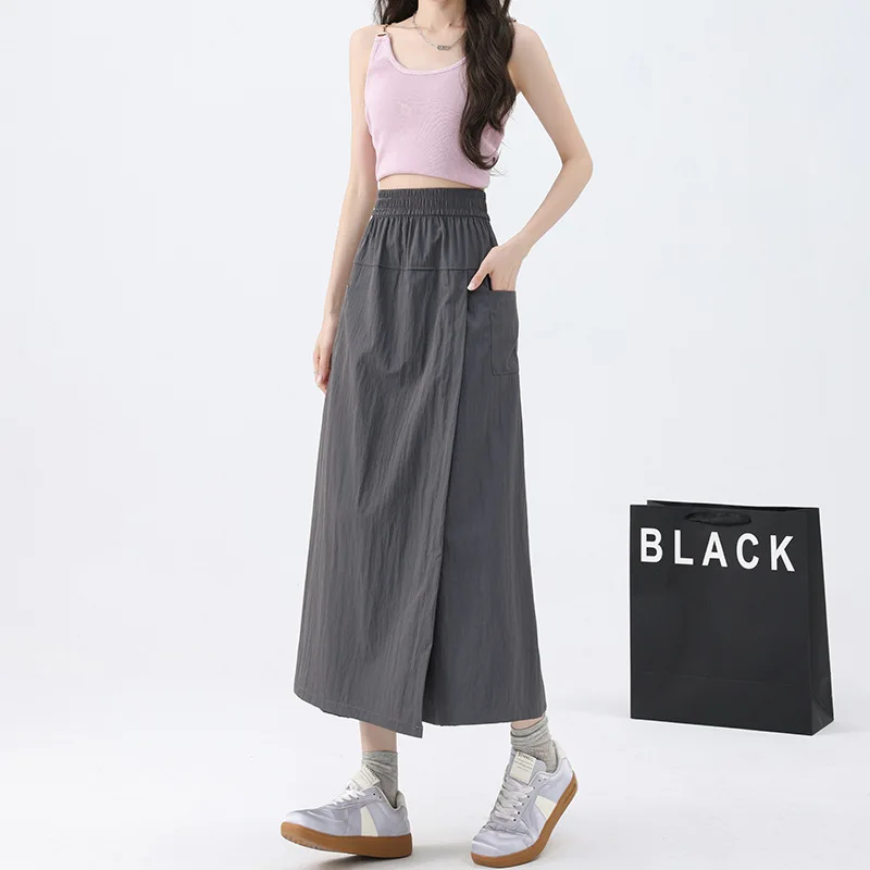 XIZOU High Waist Thin Wide Leg Workwear Skirt Pants Women's Summer Casual Loose Fit Korean Sle Nine Points Polyester Fiber