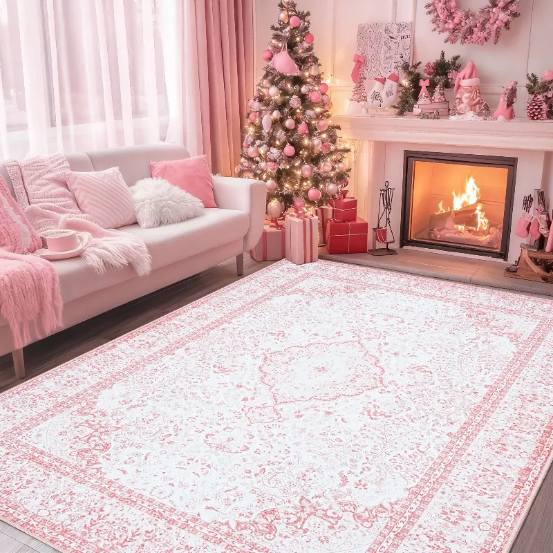 Vintage Pink Floral Flannel Carpet Boho Non Slip Area Rug Soft Floor Mat for Girls Bedroom Nursery Cozy Home Interior Decoration