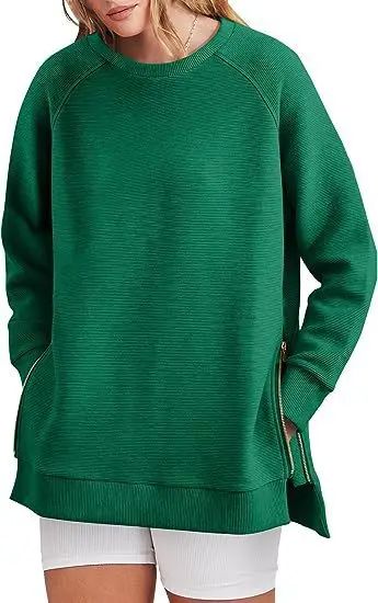 2025 Women's Pull Femme Klamotten Damen Solid Color Side Slit Round Neck Long Sleeve Autumn Winter Versatile Pullover Sweatshirt