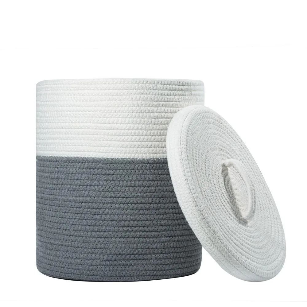 

Cotton Rope Storage Basket with Lid, Small Woven Round Laundry Hamper for Bedroom Bathroom, Cute Covered Organizer Home Decor