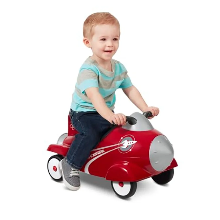

Toddler ride-on rocket for ages 1-3, metal frame with red finish, sensory activities, under-seat storage, lights and sounds, 42