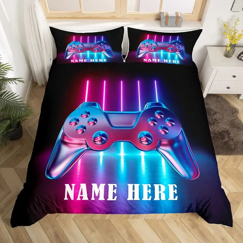 

Personalized Name Duvet Cover Set,Gamepad Picture Costom Gaming Bedding Set Birthday Festival Gifts for Kids Boys Girls Teens