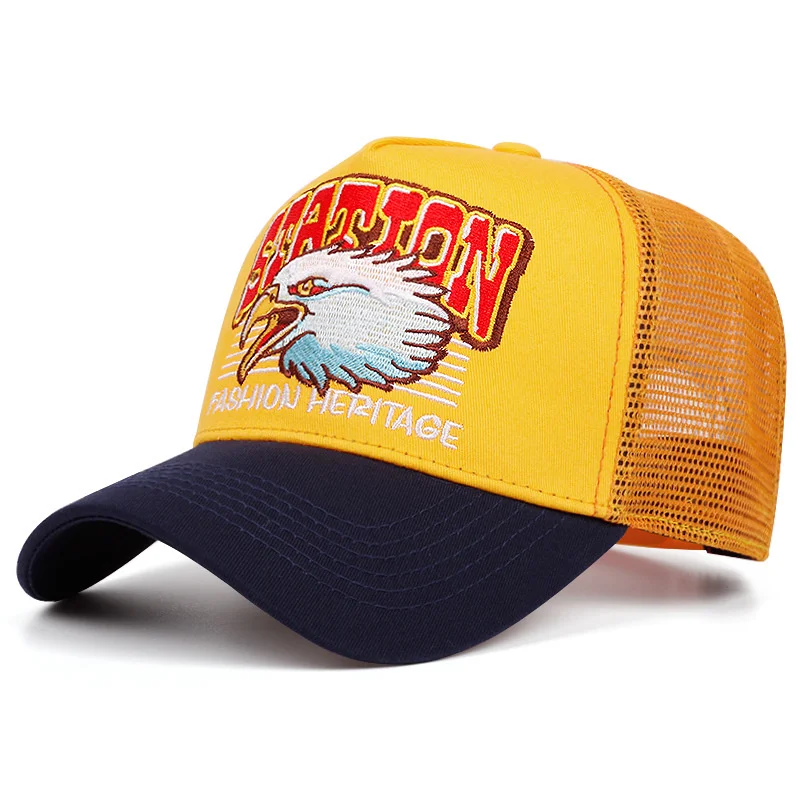Neue Sport Fisch Adler Bär Stickerei Baseball HüteNeue Unisex Sonnenschirm Farbe Block Atmungsaktive Mode Mesh Vielseitige Trucker Caps