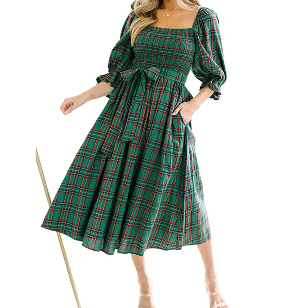 فستان نسائي صيفي خريفي طويل عتيق بأكمام منتفخة ورقبة مربعة وخصر عالي منقوش #4