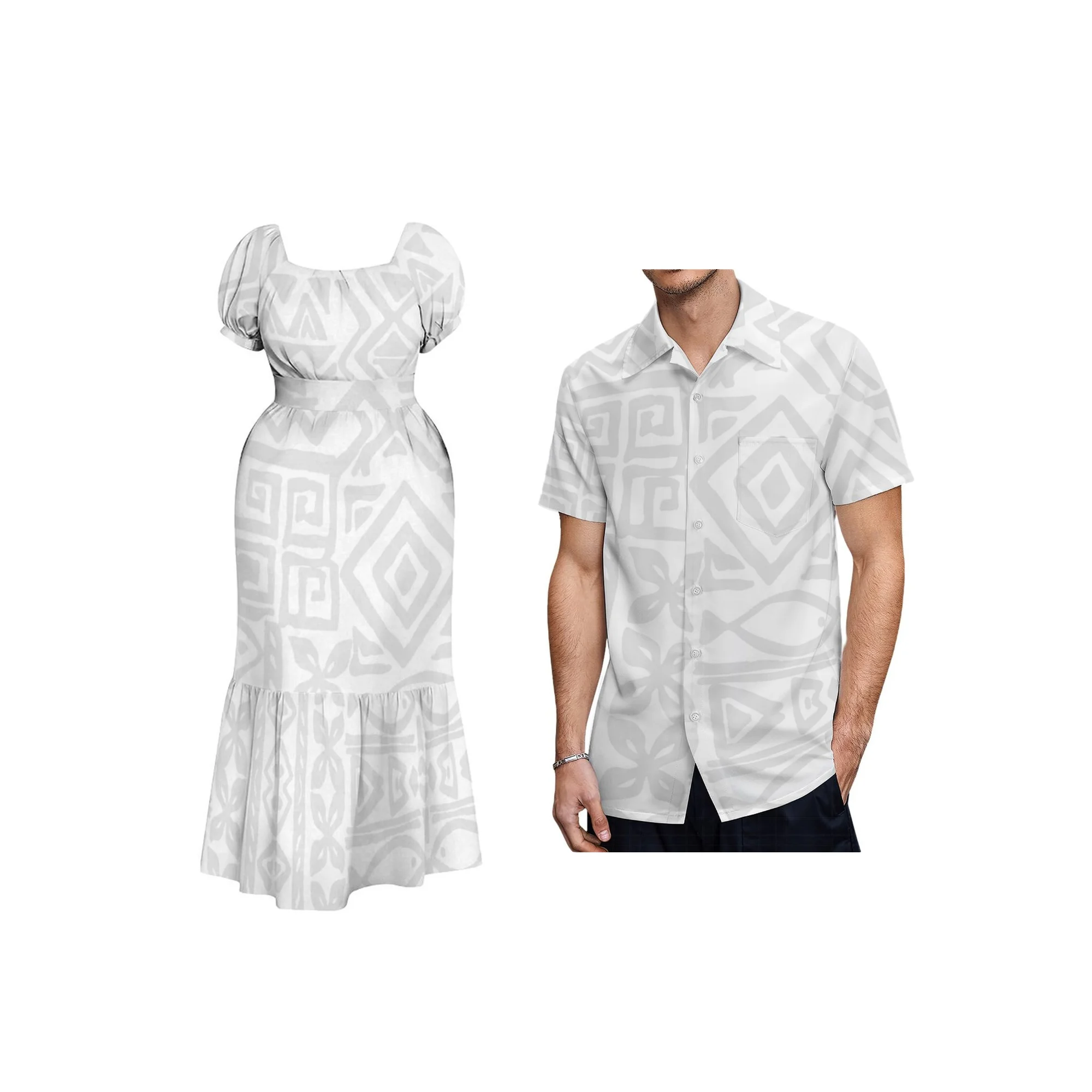 

Top Quality White Sunday Ladies High-Waist Lace-Up Big Size 8XL Dress Retro Style Polynesian Hawali Print Short Sleeve Dress