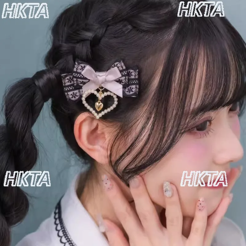 

Japanese Style Sweet Cute Lace Bow Pearl Love Pendant Pair Headgear for Women Lolita Kawaii Pink Liz Hair Clips Hair Accessories