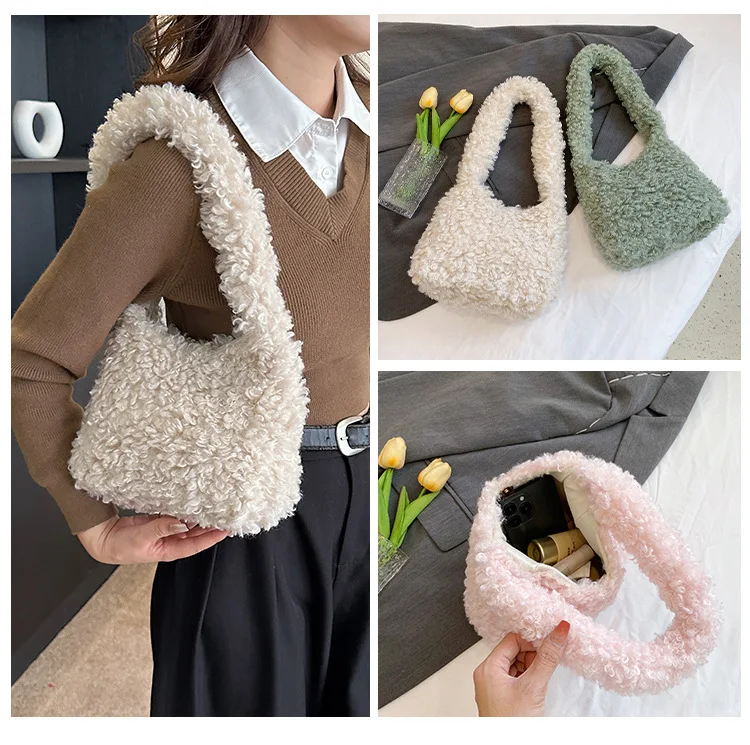 Soft Plush Women\'s Small Shoulder Bag Winter Faux Lamb Wool Female Underarm Bags Casual Ladies Fluffy Clutch Purse Handbags