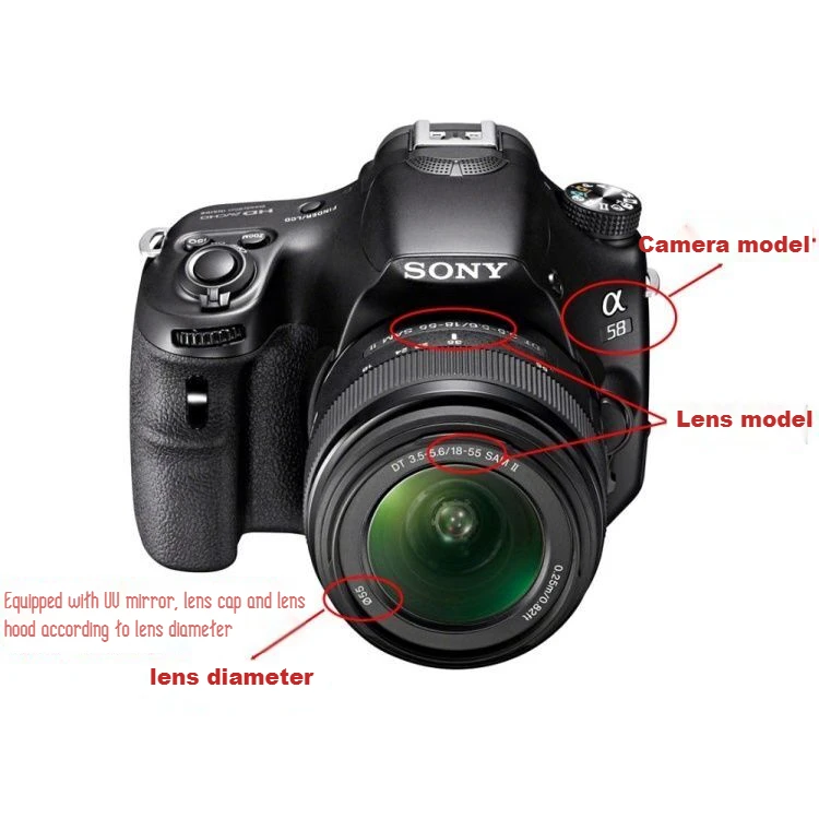 Tapa de lente frontal para Sony Alpha DSLR, Protector de lente de 49mm, 52mm, 55mm, 58mm, 62mm, 67mm, 72mm, 77mm, 82mm