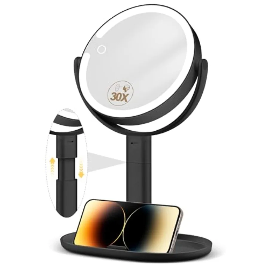 

Makeup Mirror with Lights, 30X Magnifying and Height Adjustable, Lighted Magnifying Mirror with 3 Light Modes and Stepl Dimming