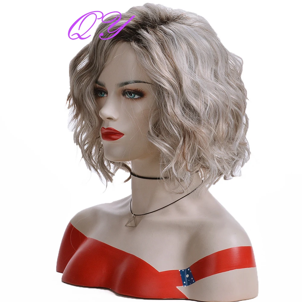 Synthetic Short Black Silver Grey Wave Curly Women Wig With Middle Part Cosplay Costume Natural  Hair Wigs