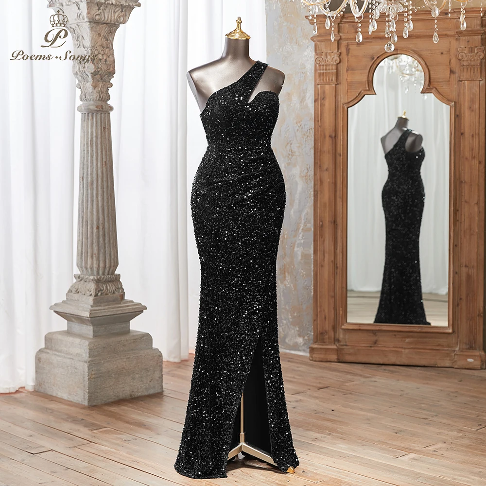 Glamorous One-Shoulder Sequin Evening Dress Elegant Black High Slit Design Perfect or Parties formal occasion vestidos de fiesta