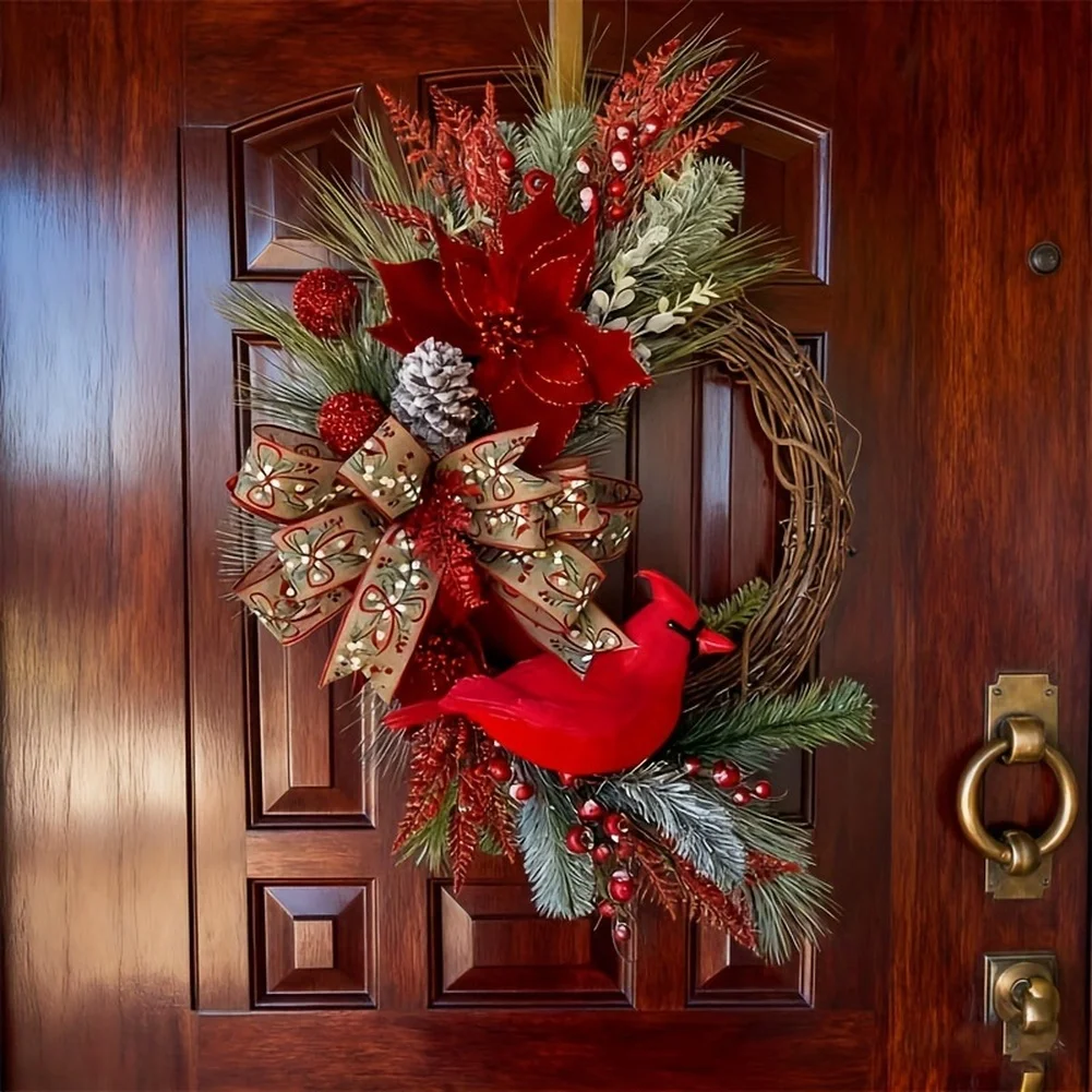 Red Bird Half Circle Wreath Handmade Vine Christmas Door Hanging Festive Holiday Wall Decor For Home Garden Decoration