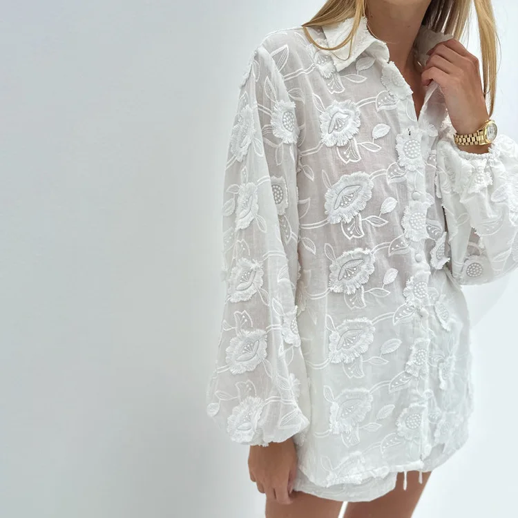

Two Picec Set Women Cotton Embroidered Perspective Shirt High Waist Shorts 2026 Summer
