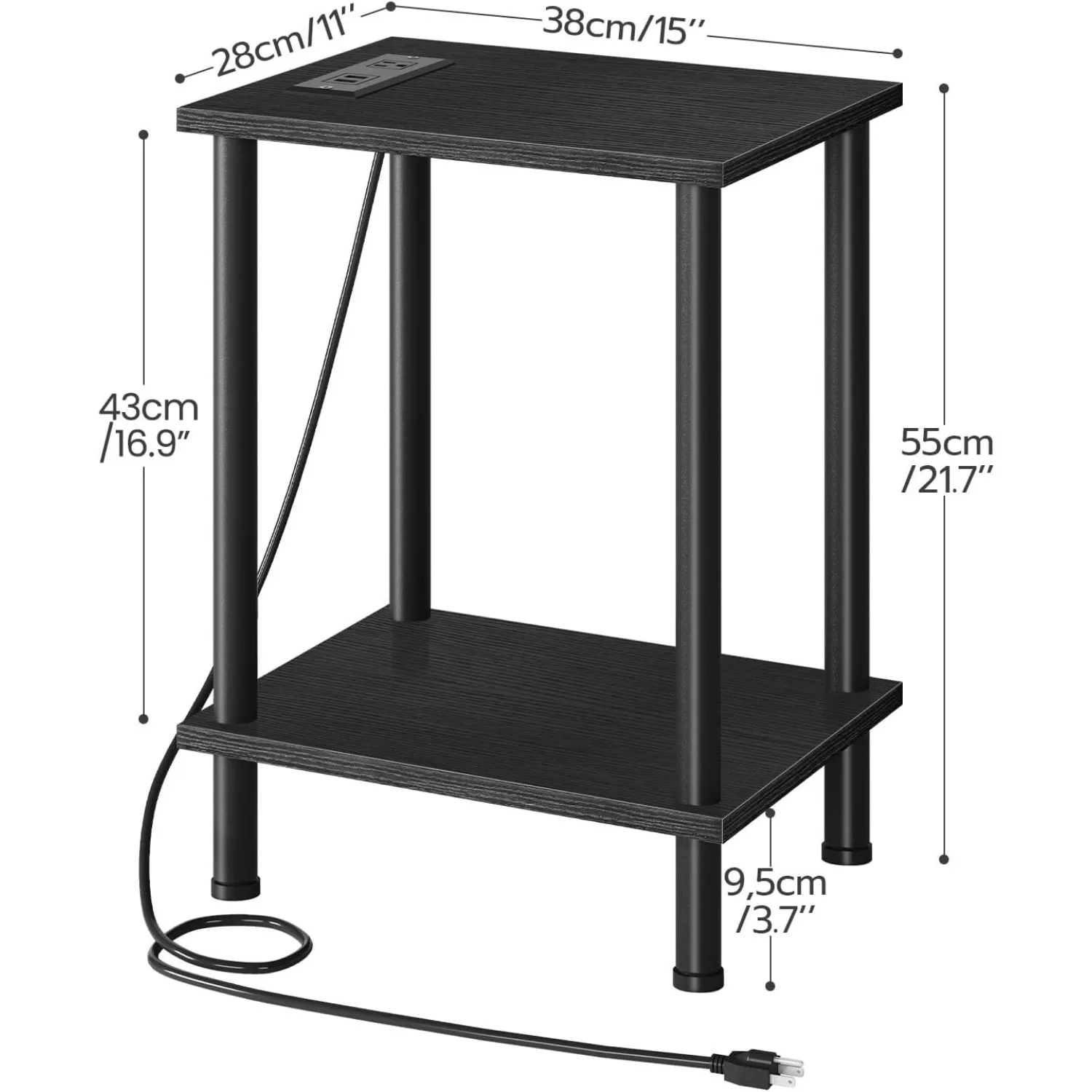 Side Table with Charging Station, End Table with USB Ports and Outlets, Nightstand with 2-Layer Storage Shelves for Small Spaces