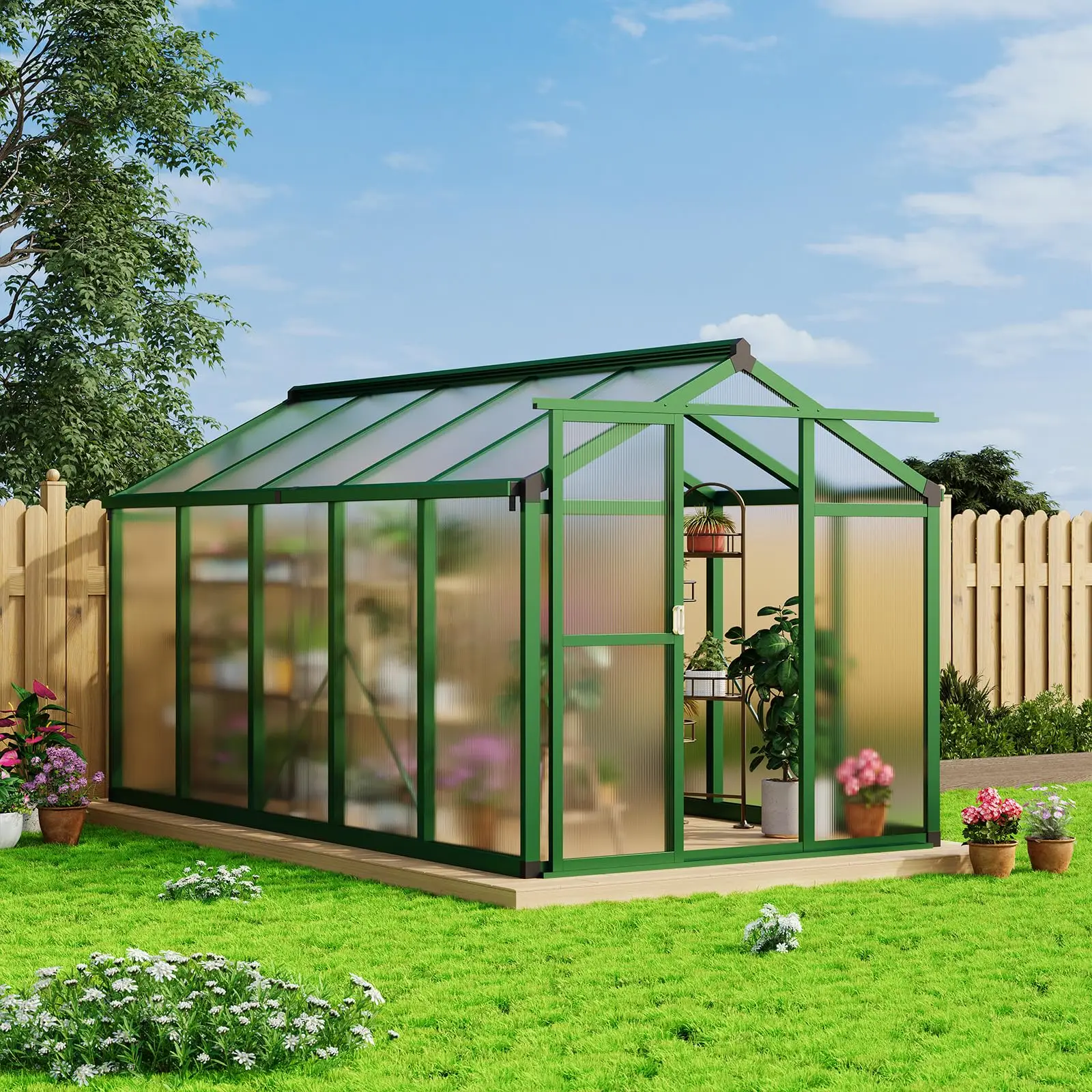 6 x 10 FT Greenhouse Kit, Walk-in Polycarbonate Greenhouse With Aluminum Frame, 2 Top Windows, Lockable Door, Outdoor Garden Use