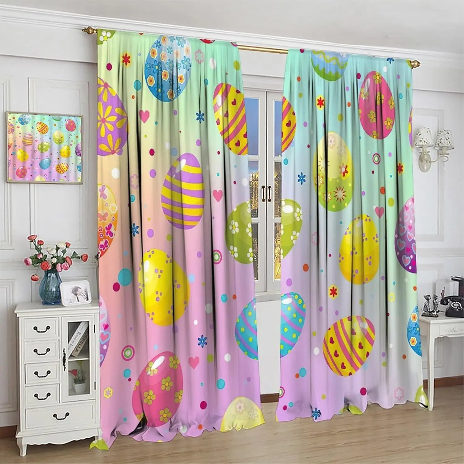 Easter Eggs Curtains, Spring Colorful Eggs Confetti Happy Easter Print Window Drapes for Kids Boys Girls Bedroom Living Room