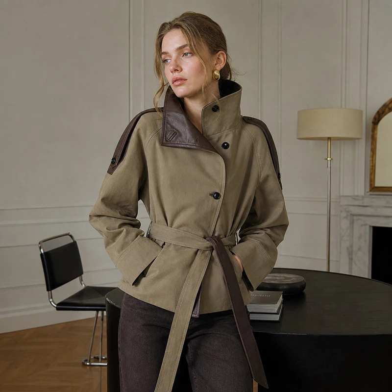 Women Cropped Trench Coat Faux Leather Spliced Epaulets Belted Waist Loose Fit Khaki Short Jacket Vintage 2026 Ladies Outerwear