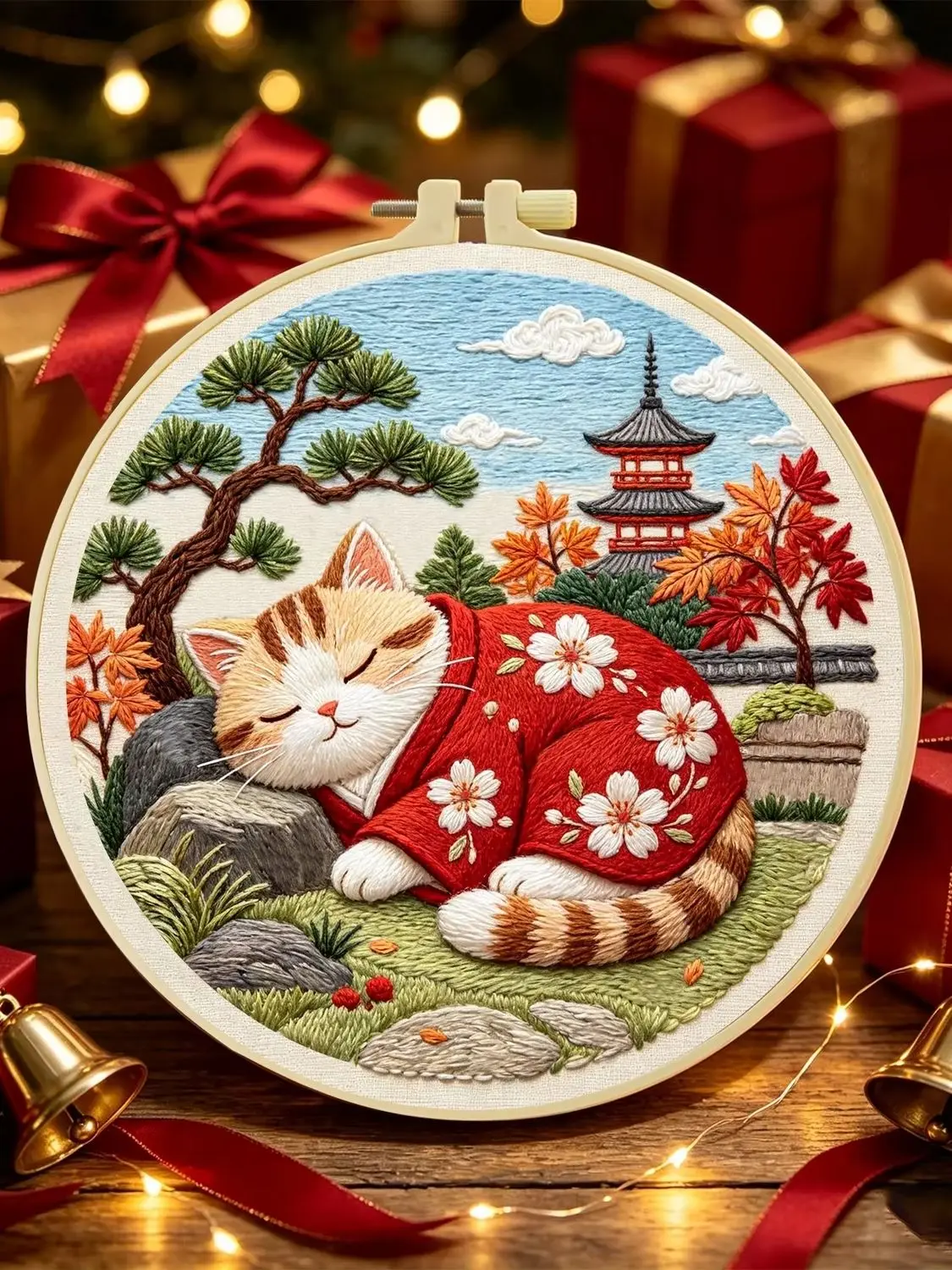 1 Set Kimono-Katzen-Pagode DIY-Stickerei-Set für Anfänger, Stick-Starter-Kit, Kreuzstich-Kunstgeschenk, Nadelarbeiten – Detail 1