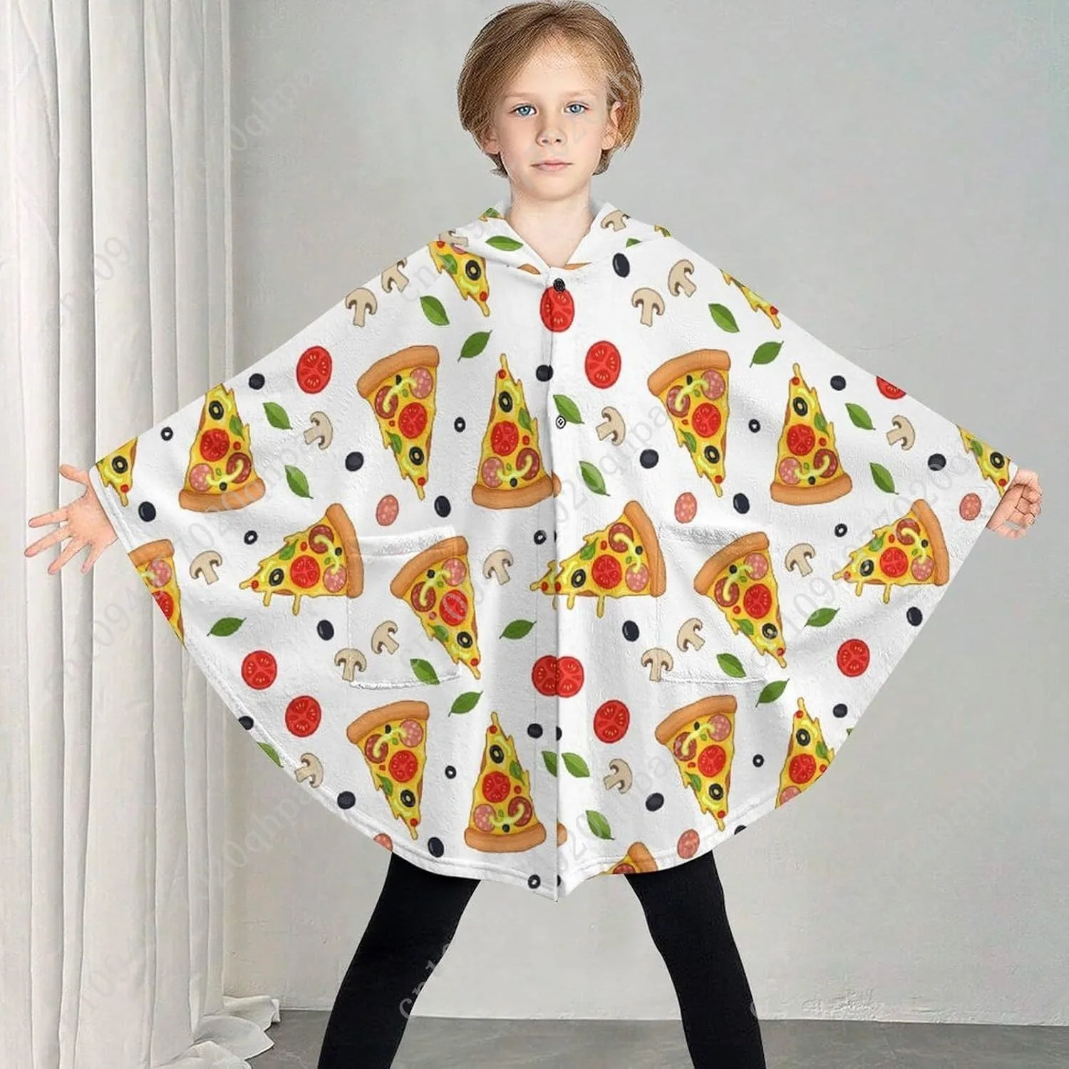 سترة بطانية مريحة من الفلانيل، سترة بغطاء للرأس كبيرة الحجم بشريحة البيتزا مع جيوب للأطفال والمراهقين #2
