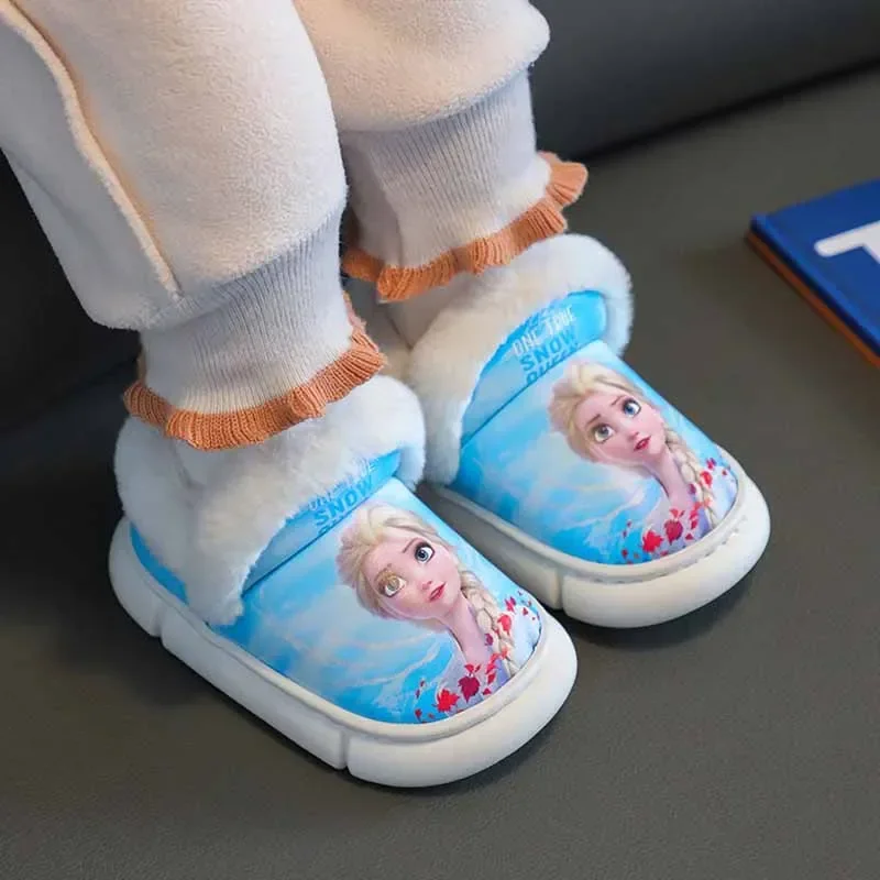 Disney Winter Plus Plush Warm Cotton Shoes Girls Fashion Princess Elsa Cotton Slippers With Heel Non Slip Warm Slippers Footwear