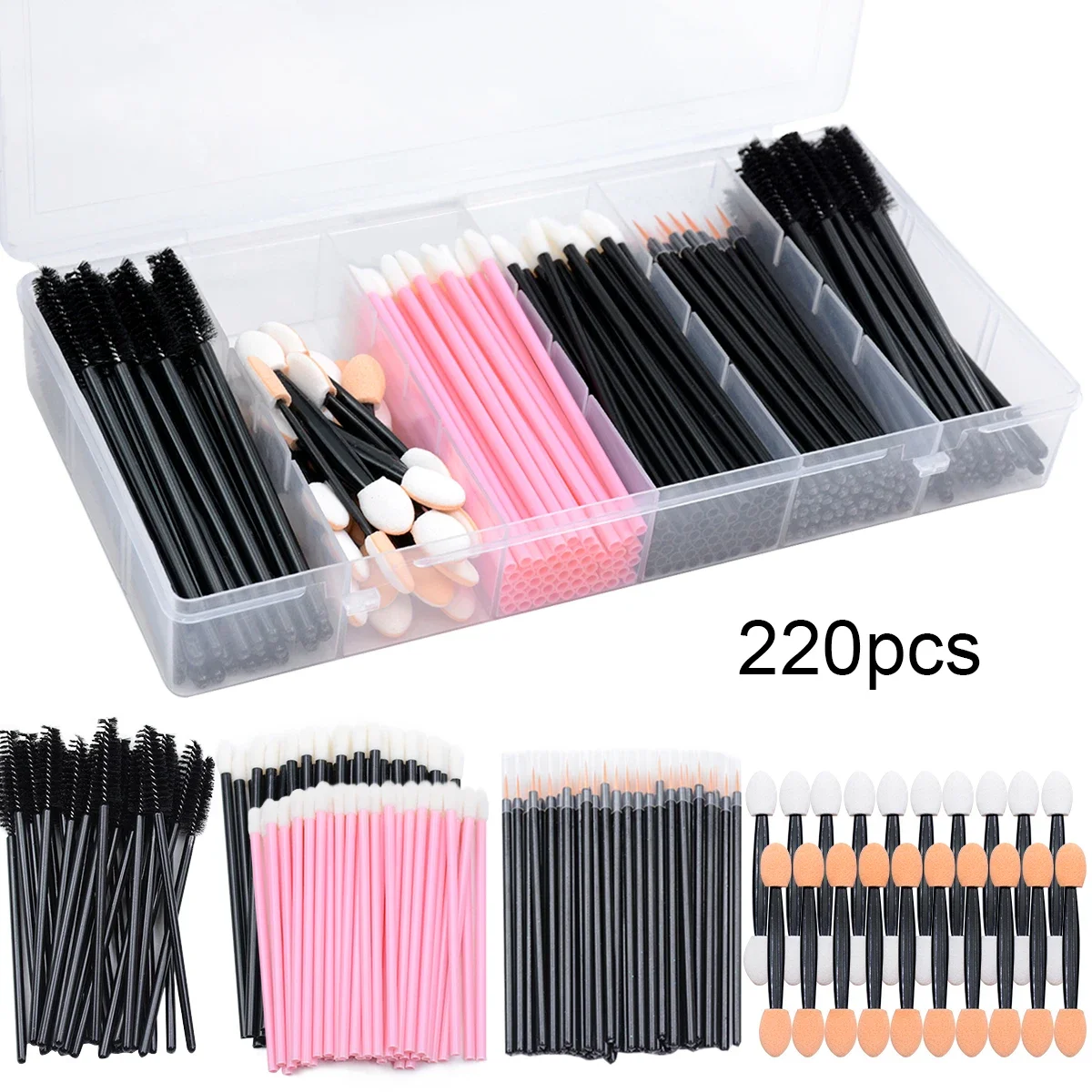 

220Pcs Makeup Tools Kit Case Eyebrow Brush Eyelash Mascara Wands Lipstick Lip Brush Disposable Eyeliner Eyeshadow Applicator Set