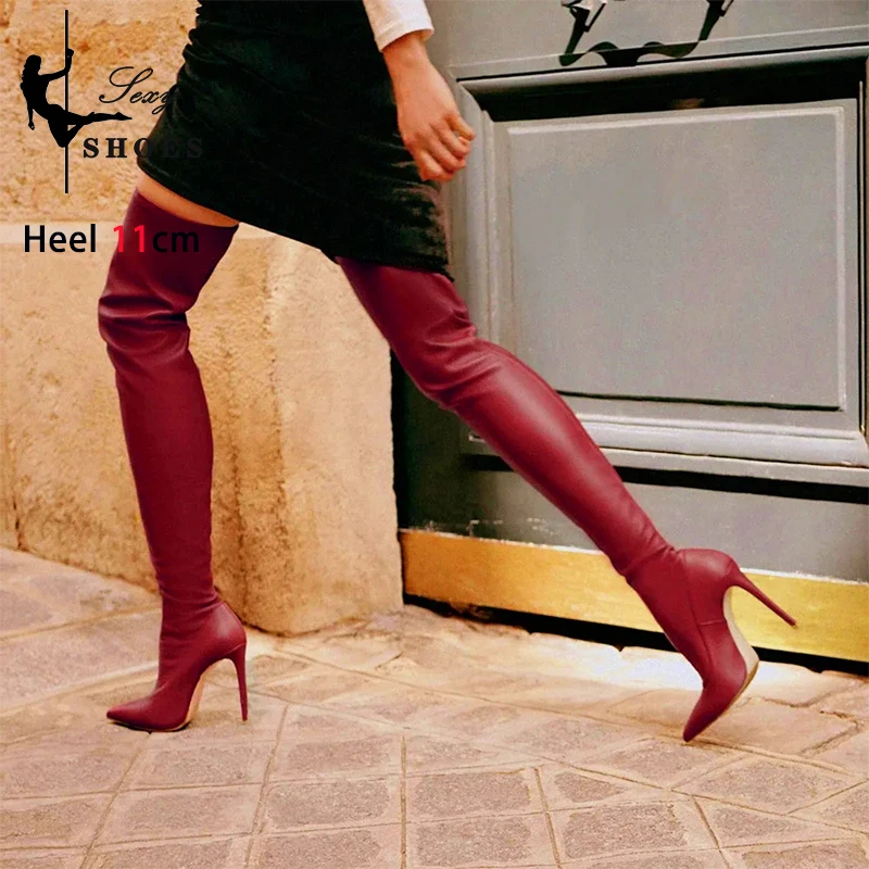 Wine red Sexy High Heels Stretch Leather Over-the-Knee Women\'s Boots Pointed Toe Thigh High Long Boots Slip-On Feminina Shoes