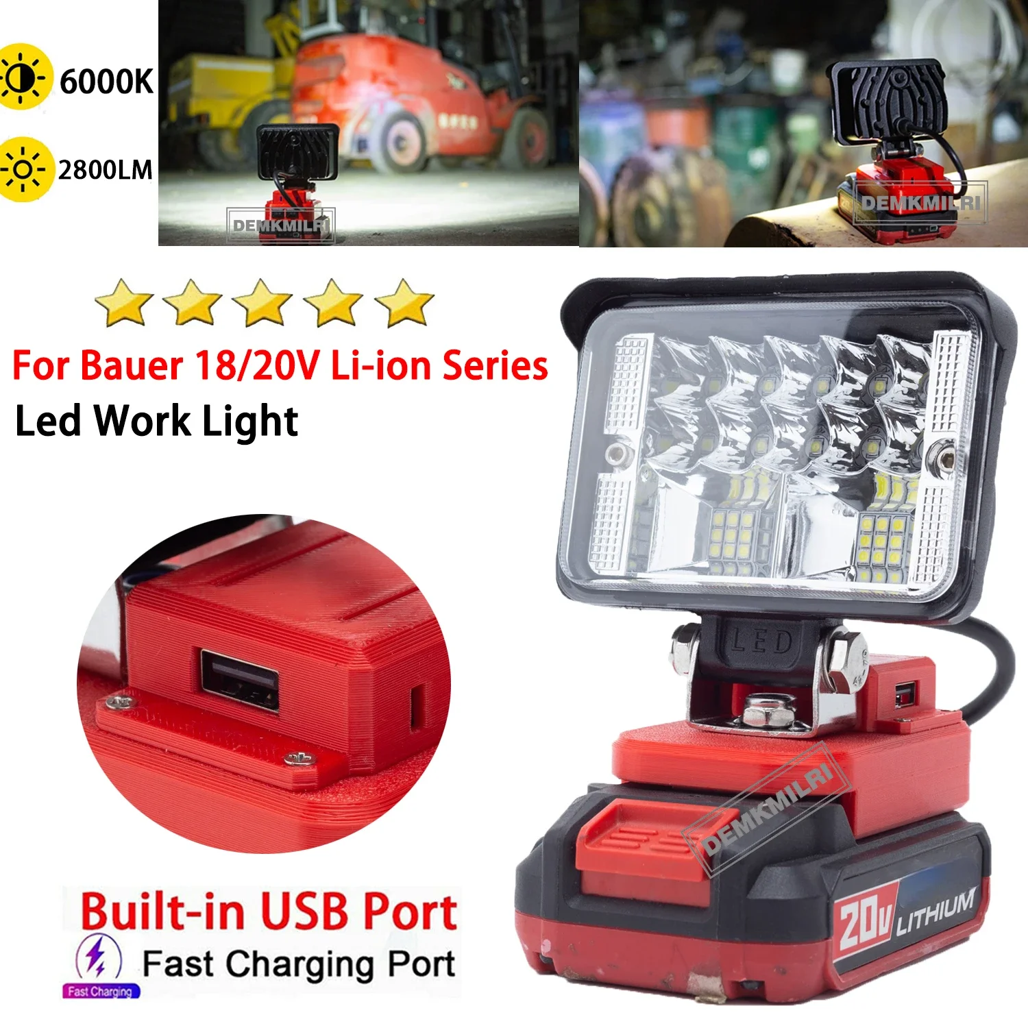 New Cordless LED Work Light For Bauer 18V Li-Ion Battery-(2800LM)  Familiale Camping OutdoorTravel Light Fast CHARGE USB