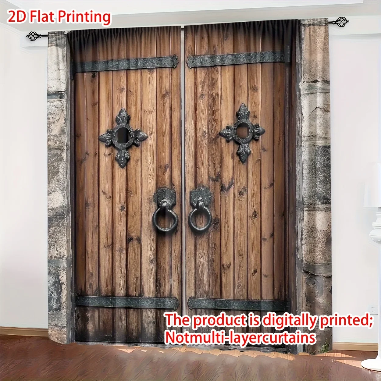 Realistic 2D Wood Door Curtain Backdrop for Home Decoration Living Room Curtain Panel
