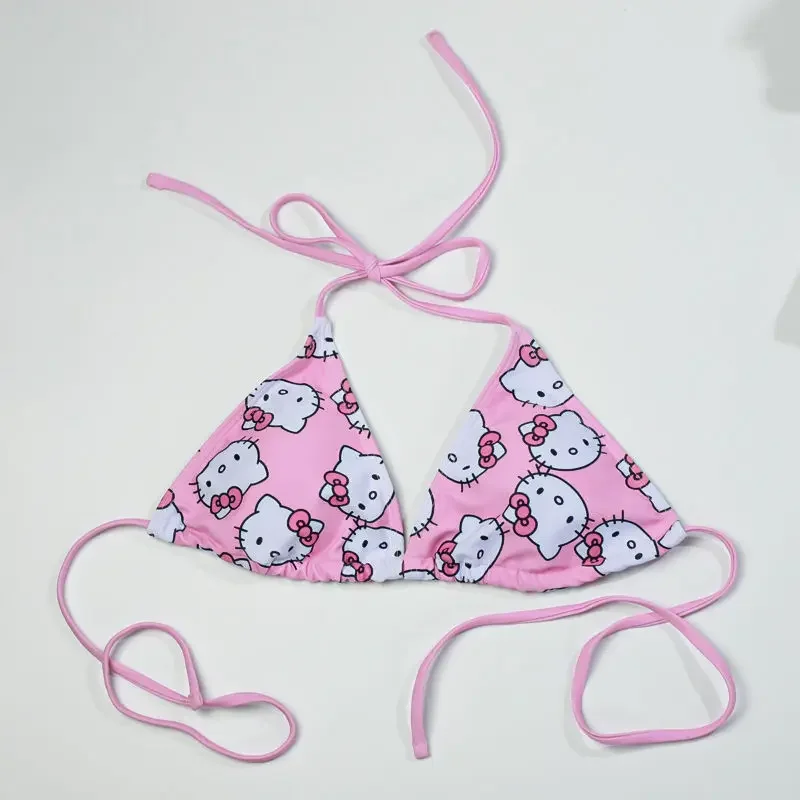 Hello Kitty Cute Girl Beach Vacation Triangle Pink KT Bikini Removable Breast Pad Fashion Swimsuit Wholesale Surf Suit Summer