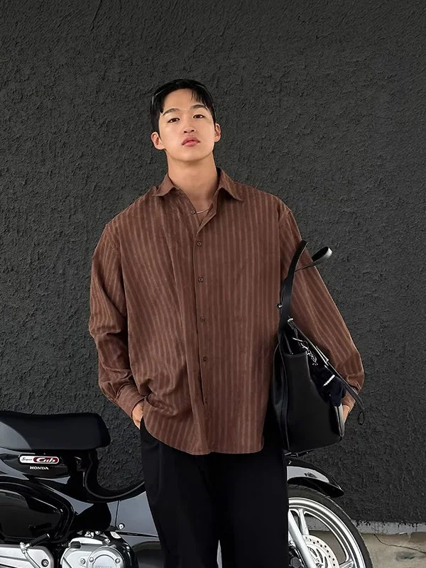 

Brown Vertical Striped Long Sve Men's irt Casual Sle Commute Friendly Classic Collar Busin Casual Versatile Top