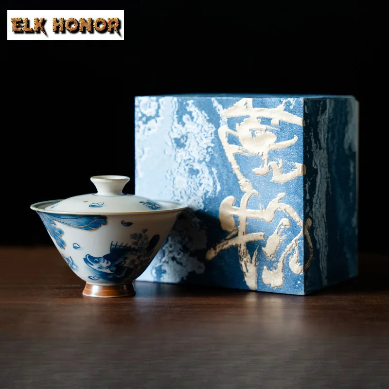 

110 мл Ручная роспись с рисунком голубых рыбных водорослей Gaiwan Zen Чайная вареная чайная чаша с крышкой Набор крышек для заваривания чая Чаша Чайная церемония Подарок