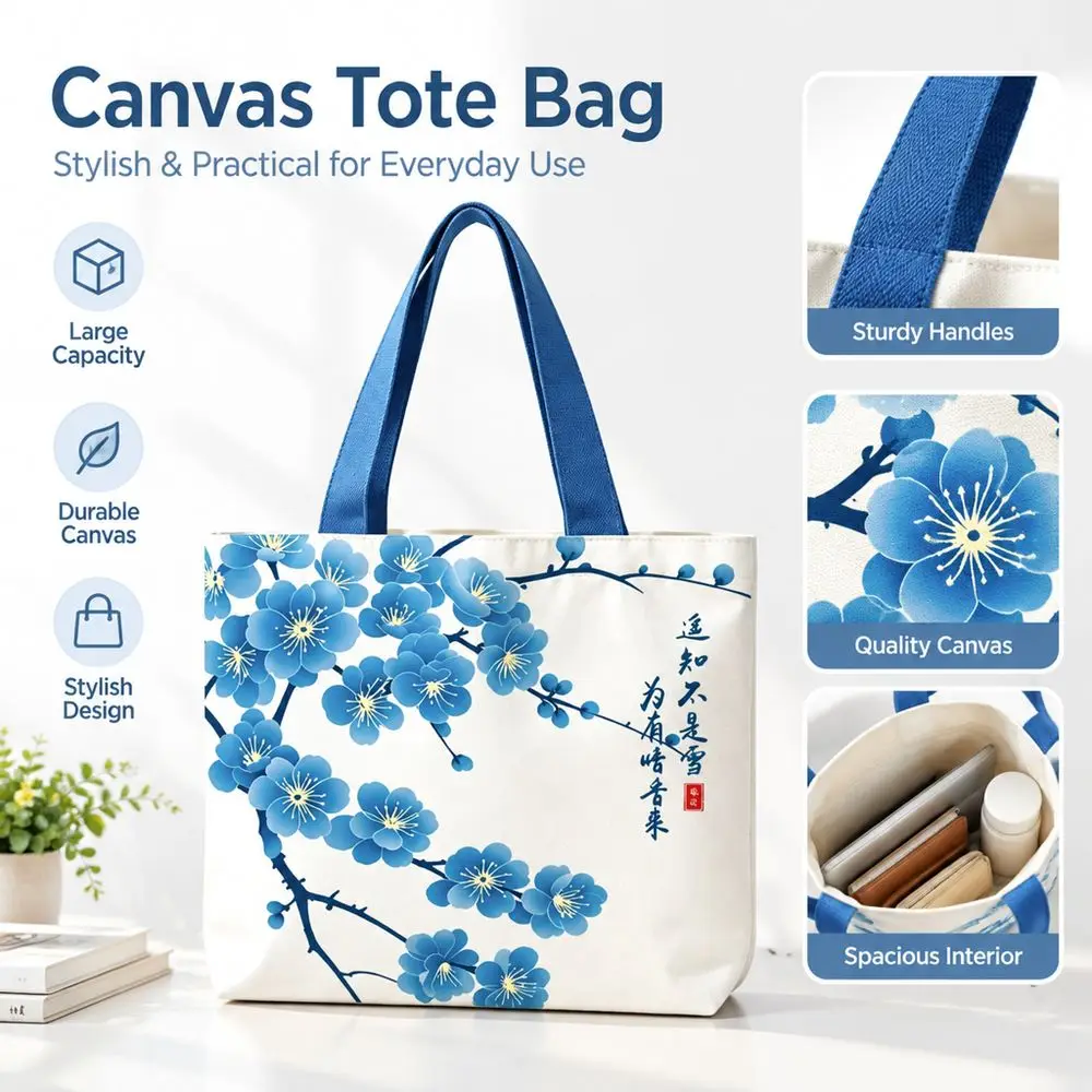 Blue Plum Blossom Print Canvas Bag Large Capacity Reusable Tote Bag Versatile Lightweight Shoulder Bag Women's Accessories