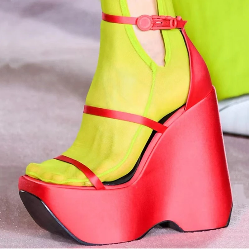 Modern Silk Satin Wedge Heel Sandals Open Square Toe Sexy Summer Platform High Heel Shoes Buckle Strap Covered Heel