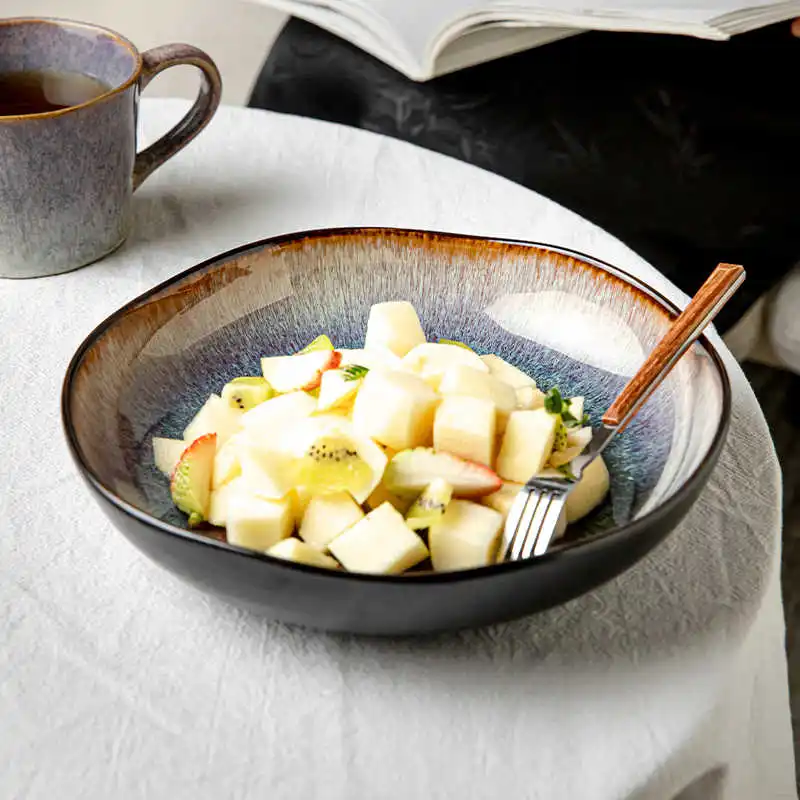 Light Luxury Retro 9-inch Irregular Ceramic Deep Plate Kiln Transformation Salad Plate Home Vegetable Dish Serving Soup Plate